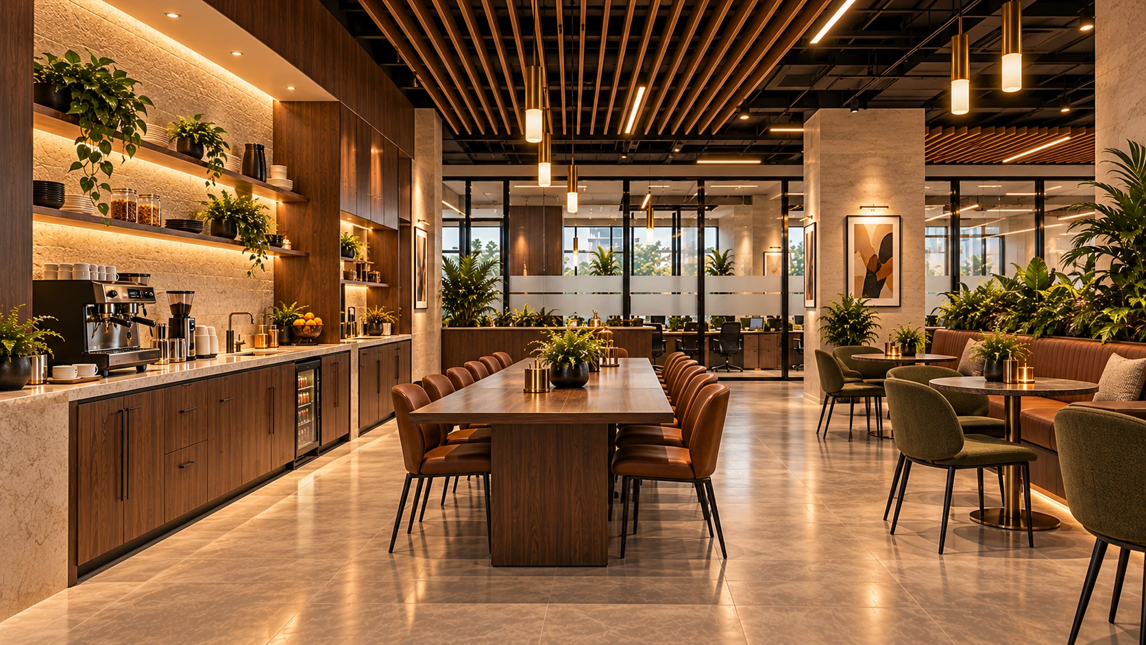 Warm contemporary café and meeting lounge within a glass-partitioned commercial workspace