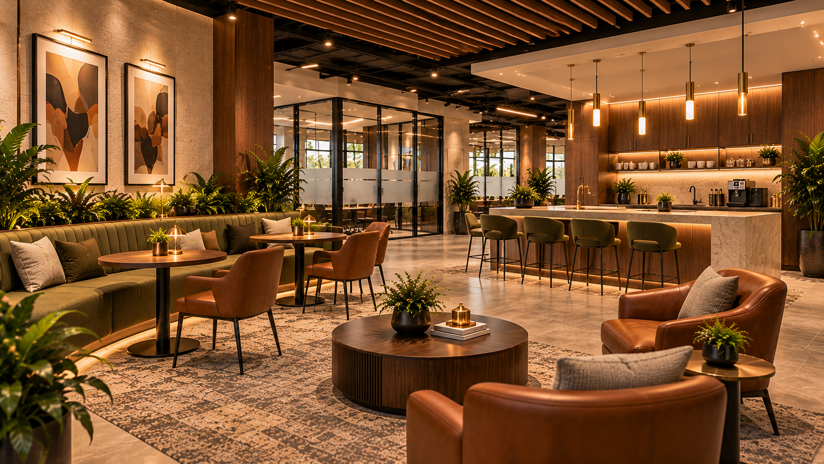 Warm contemporary commercial lounge with comfortable seating, café counter, and glass meeting spaces