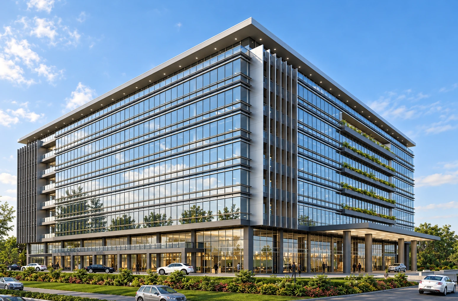 Photorealistic modern glass-and-steel office tower with landscaped grounds
