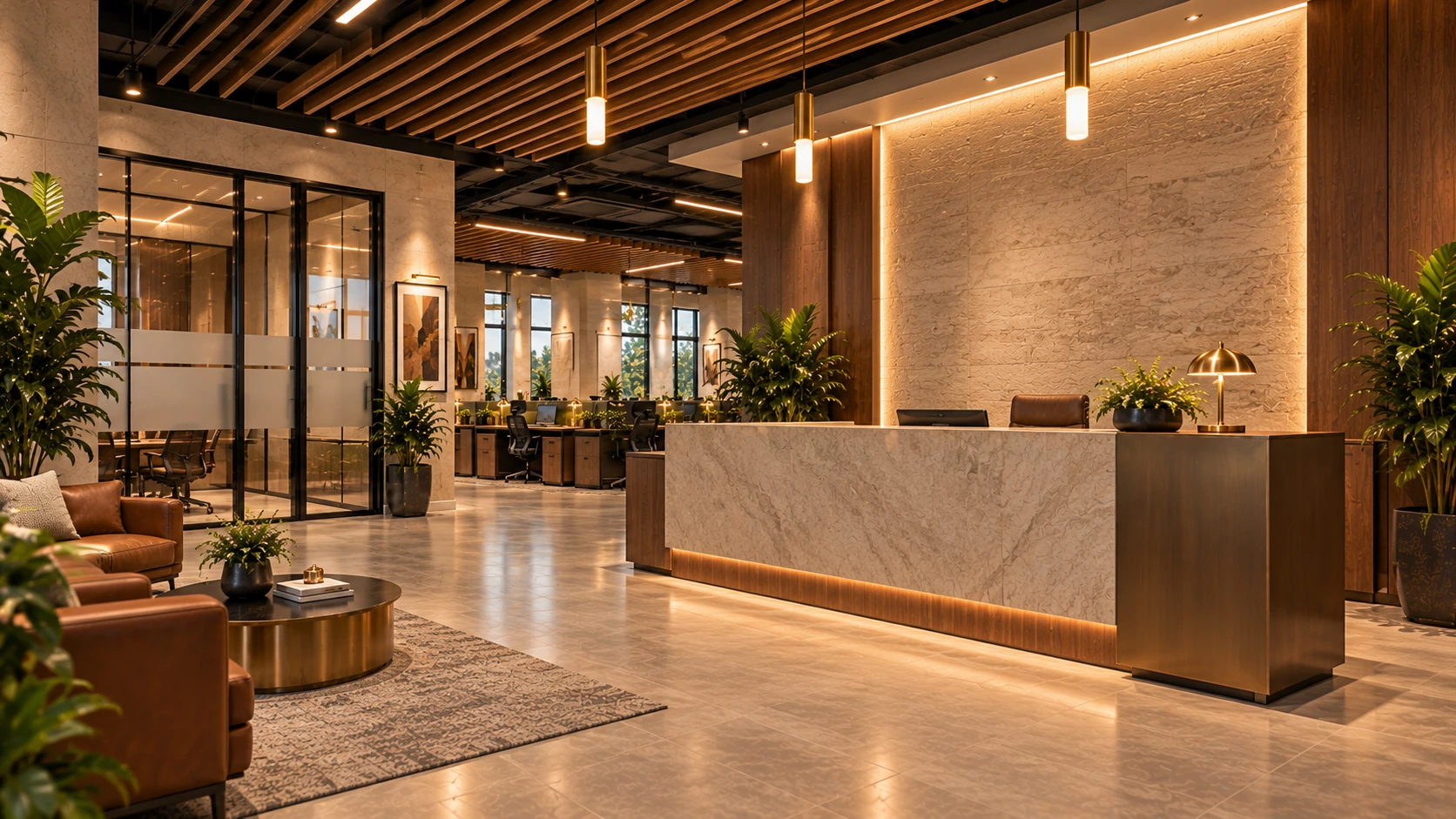Warm modern office reception lounge with a stone reception desk and glass meeting rooms