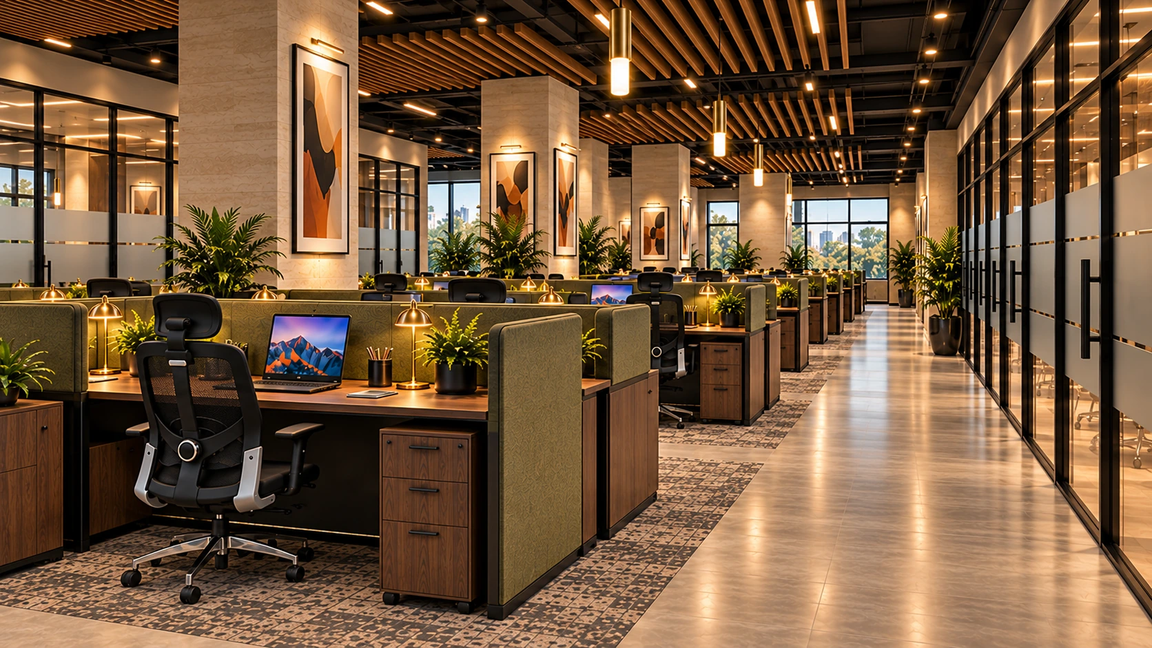 Warm-lit modern office with open workstations, olive dividers, and glass meeting rooms